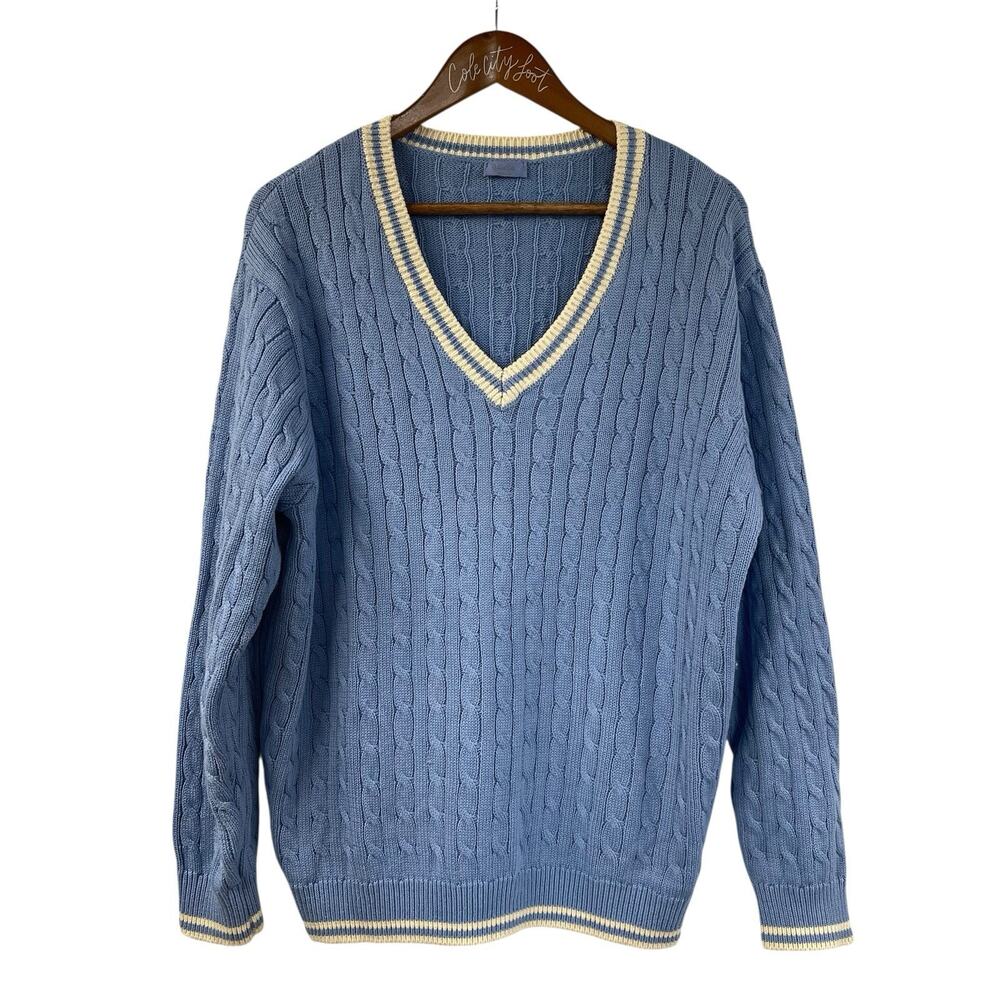 John Galt California Baby Blue V Neck Cable Knit Preppy Oversized Sweater OS